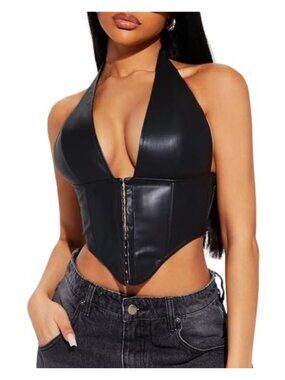 Women's Faux Leather Halter Crop Top Backless Asymmetrical Y2K Club Party Vest
